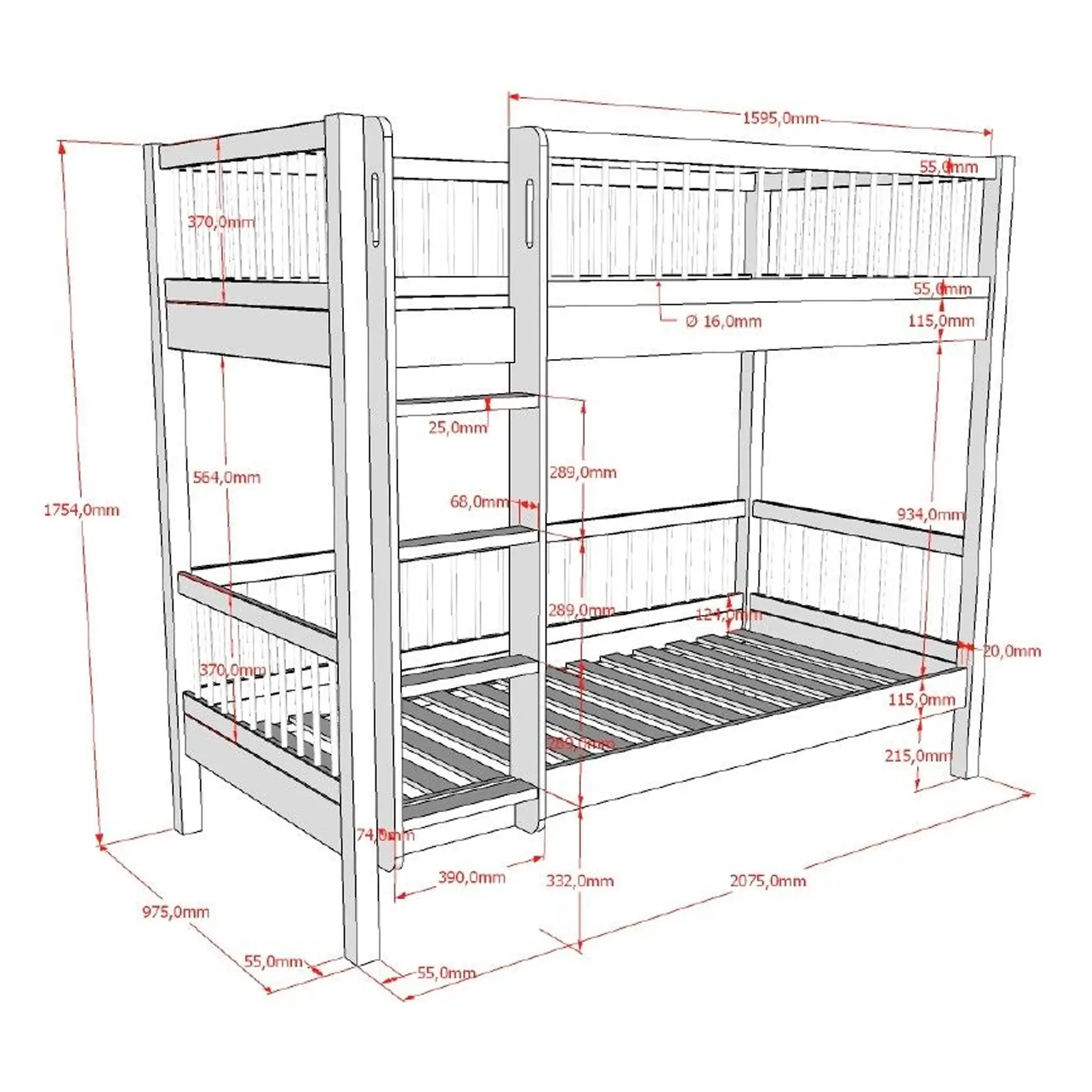 Diagramm eines Etagenbetts aus Holz mit angegebenen Abmessungen in Millimetern, das Höhe, Breite und Tiefe zeigt.